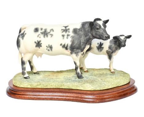 Border Fine Arts 'Belgian Blue Cow and Calf' (Style One), model No. B0590 by Ray Ayres, limited edition 678/1250, on wood bas