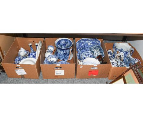 Four Boxes of Predominantly 19th Century and Later Blue and White Wares, including: Copeland blue Italian and a Victorian Bar