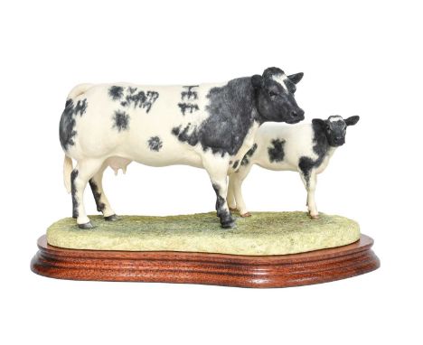 Border Fine Arts 'Belgian Blue Cow and Calf' (Style One), model No. B0590 by Ray Ayres, limited edition 65/1250, on wood base