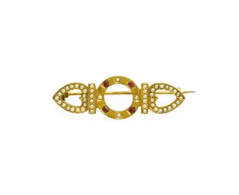 A Split Pearl and Synthetic Ruby Brooch, the central synthetic ruby and split pearl set hoop flanked by spilt pearls set in a