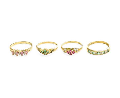 A 9 Carat Gold Diamond and Pink Sapphire Ring, finger size P, A 9 Carat Gold Ruby and Diamond Ring, finger size O1/2; A 9 Car