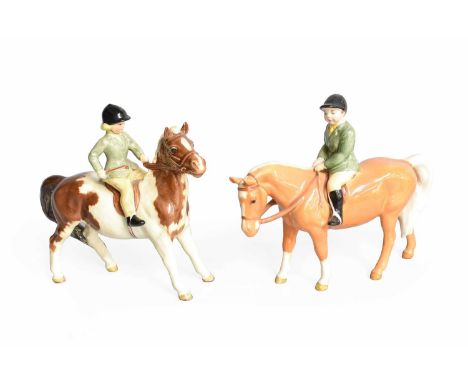 Beswick Girl on Pony, model No. 1499, skewbald gloss and Boy on Pony, model No. 1500, palomino gloss (2)Girl - Beswick oval b