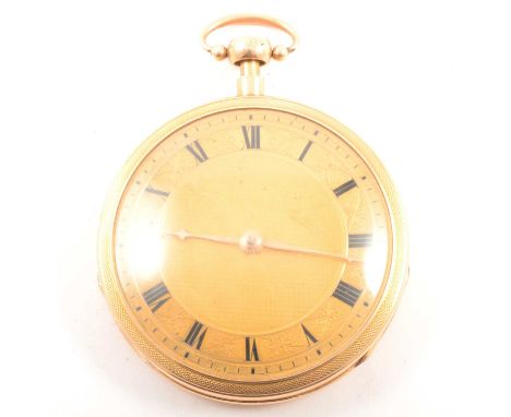 A French quarter hour repeating open face pocket watch, the gold engine turned and engraved dial having a Roman numeral chapt