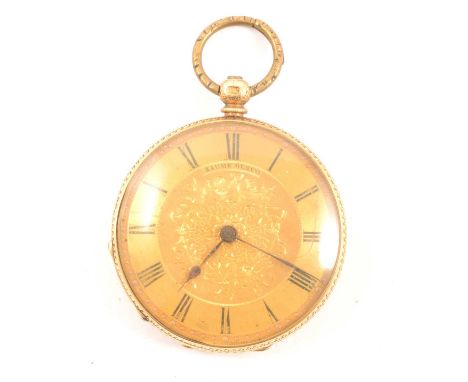 Baume Geneve - A yellow metal open face pocket watch, the gold-coloured dial with a Roman numeral chapter ring and floral eng