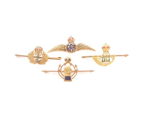 A yellow metal and enamel Royal Navy Volunteer brooch, base metal anchor, marked 15ct, personal inscription and date, 49mm; a