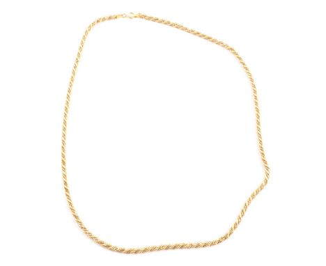 A yellow and white metal chain necklace, 4mm gauge solid yellow rope link and white metal box link chain 60cm long, marked 75