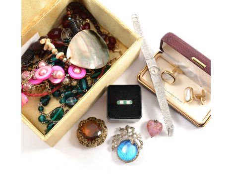 A box of costume jewellery, a gold-plated rectangular link chain; bead necklaces; butterfly wing brooch; lady's Accurist brac