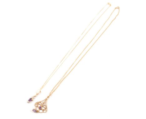 Two amethyst pendants and chains, an oval mixed cut amethyst and six small diamonds set in a yellow and white metal mount on 