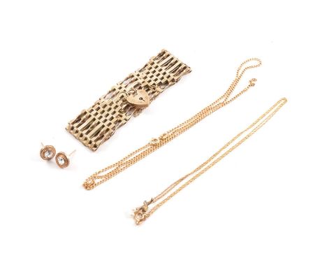 A cultured pearl pendant and chain, two 2.8mm pearls and a diamond point set in 9 carat yellow gold on a fine Prince-of-Wales