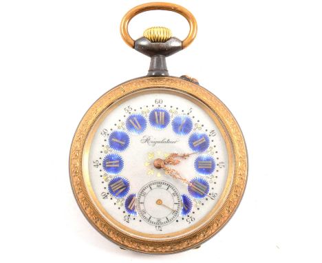 A French goliath pocket watch, the off-white enamel dial with Roman numeral in blue enamel chapter ring, outer Arabic numeral