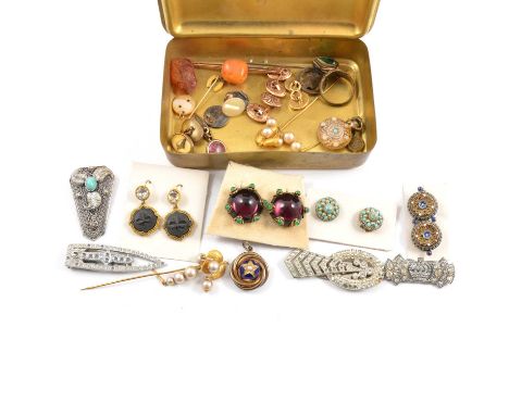 A Princess Mary 1914 Gift Fund brass tin; vintage costume jewellery earrings; paste dress clips; base metal signet ring; cuff