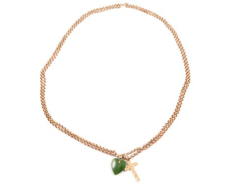 A yellow metal 3.5mm gauge faceted belcher link guard chain 140 cm long, 20mm jade heart attached and a 9 carat yellow gold 3