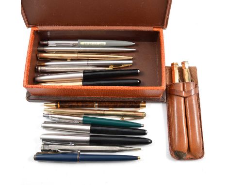 A collection of Parker fountain and ballpoint pens, a silver Yard-o-Led pencil, engine turned design, London 1956.l etc