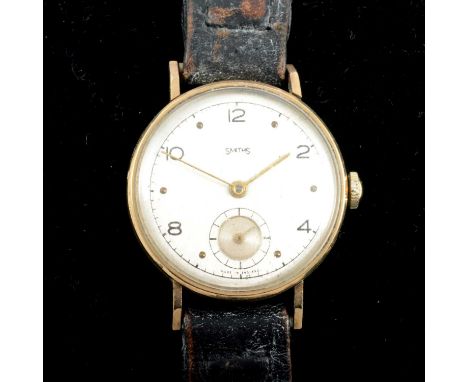 Smiths - a gentleman's 9 carat yellow gold wristwatch, 28mm silvered dial with dot markers and even Arabic numerals with a su