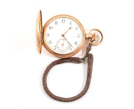 A gold-plated full hunter pocket watch, the white enamel dial with an Arabic numeral chapter ring and subsidiary seconds dial