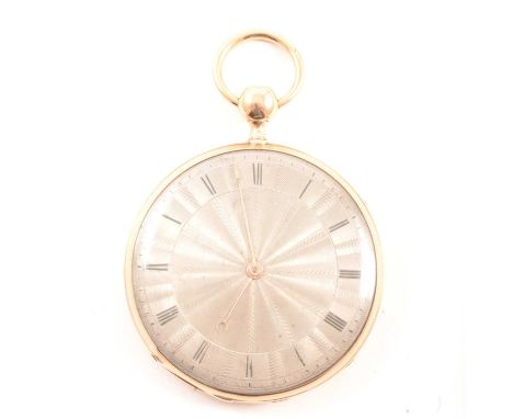 A French quarter hour repeating open face pocket watch, the silvered engine turned dial having a Roman numeral chapter ring i