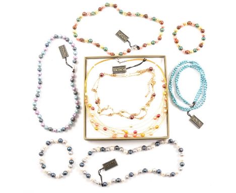 Three cultured pearl necklace and bracelet / earrings suites and three other cultured pearl necklaces, to include teal blue, 