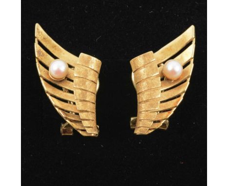 A Pair of 14 carat yellow gold earrings with a satin and polished finish with 4mm cultured pearl, London import mark for 1963