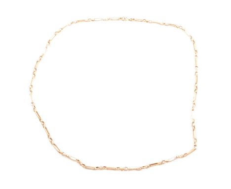 A 9 carat yellow gold fancy chain link necklace, alternating 13mm oval links joined by groups of three round belcher links wi