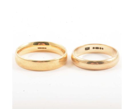 Two gold wedding bands, an 18 carat yellow gold 5mm wide plain polished half D shape ring size U, Birmingham, 7.5g; a 9 carat