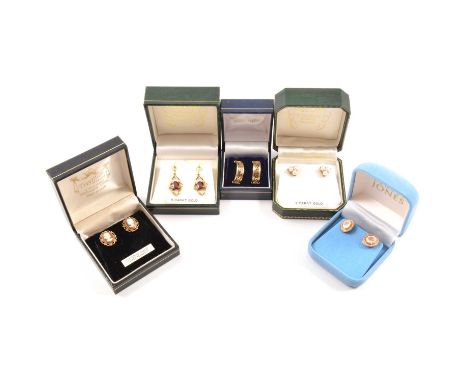 Five pairs of gold earrings for pierced ears, a pair of 9 carat yellow gold 5mm wide Greek key design hoops; a pair of trefoi