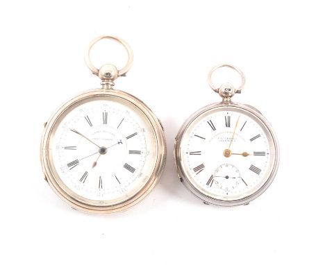 Two silver pocket watches, a silver pocket watch and centre seconds chronograph, the 50mm white enamel dial with Roman numera