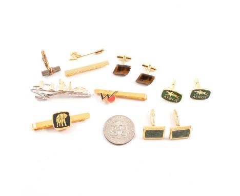 A pair of tiger's eye cufflinks; pair of hardstone cufflinks; pair of Celtic design cufflinks; pair of Ascot cufflinks; and o