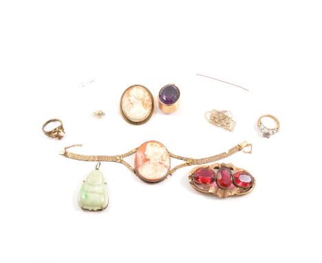 A large amethyst pendant, 9 carat gold chain, pendant, brooch, shell cameos and rings, a large oval mixed cut amethyst, 24x17