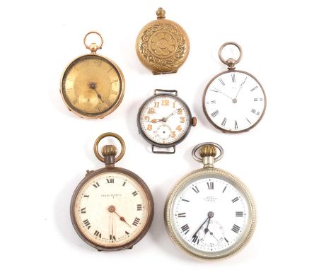 Four pocket and fob watches and a coin holder, a yellow metal fob watch, marked K14, defective; a Woog Geneve fob watch, in w