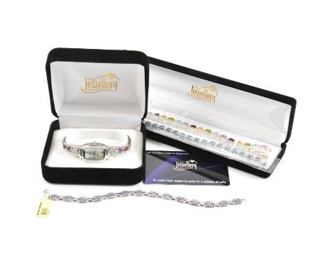 Four gemset bracelets and a lady's gemset wristwatch, bracelets to include tanzanite, multicolour sapphire, pale blue and tea