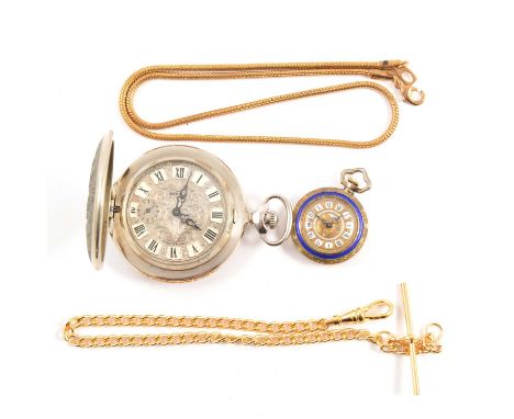 An Italian gilt white metal and enamel fob and a modern pocket watch, an Italian gilt white metal and enamel fob watch, the 1