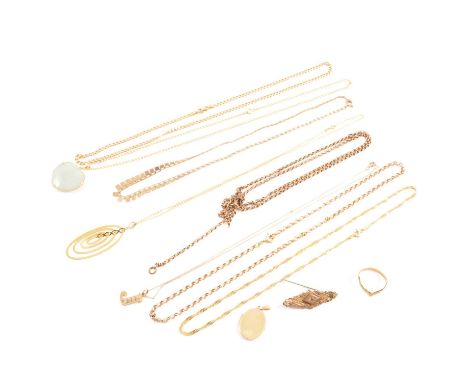 A collection of yellow and rose gold and metal chains, jade pendant, lockets and other jewellery, a 9 carat yellow gold flat 