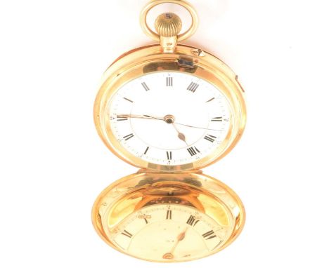 An 18 carat yellow gold full hunter pocket watch, the white enamel dial having a slightly raised Roman numeral chapter ring, 