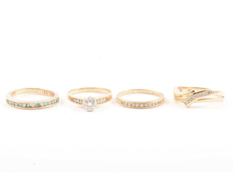 Four 9 carat gold diamond rings, a diamond the solitaire, the 4.2mm brilliant cut stones claw set in mount with three diamond