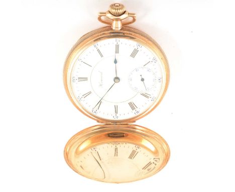E Howard Watch Co, Boston - A yellow metal full hunter pocket watch, the cream enamel dial with a Roman numeral chapter ring,