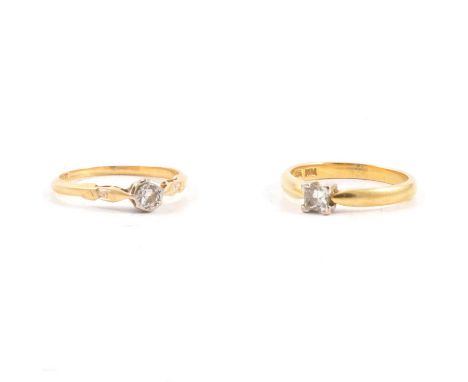 Two diamond solitaire rings, a 3.4mm princess cut diamond four claw set in an 18 carat yellow and white gold mount ring size 