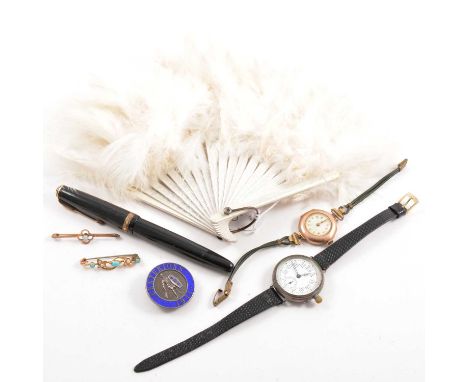 A small ostrich feather fan, vintage Parker pen, a lady's vintage 9 carat gold wristwatch, London import mark for 1912; a 30m
