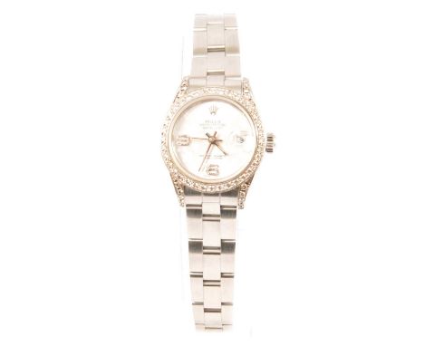 Rolex - a lady's Oyster Perpetual Datejust wristwatch, custom made after market diamond bezel, 19mm circular silvered floral 