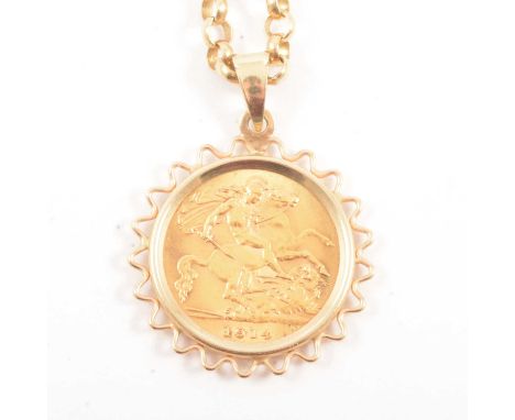 A Gold Half Sovereign Coin pendant and chain, George V, 1914, in a 9 carat yellow gold wire edge mount, on a 3.4mm gauge belc