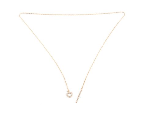 A diamond set heart and bar necklace, a 9 carat yellow gold 1.5mm gauge rectangular trace link chain with a 9.5mm heart to on