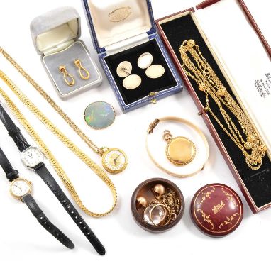 Yellow metal and gilt metal jewellery and wristwatches, to include a pair of brushed yellow metal earclips, marked 750; a 9 c