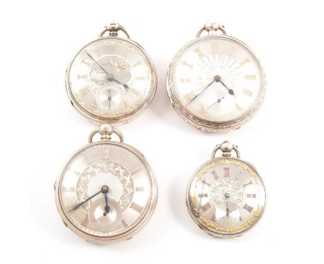 Four silver pocket watches, a silver pocket watch, the 46mm silver engine turned and engraved dial with a Roman numeral chapt