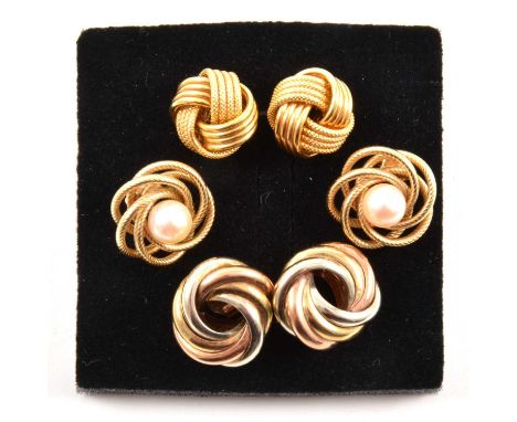 Three pairs of 9 carat gold knot design earrings, a pair of 15.6mm x 16.7mm tri-colour 9 carat gold knot design earrings; a p