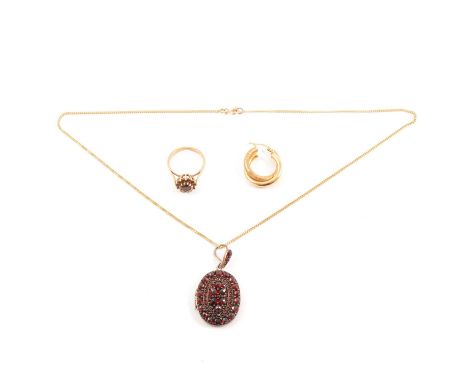 A 9 carat yellow gold garnet cluster ring size O; a single 9 carat yellow gold hoop earring, an oval pendant, 25x20mm, set wi