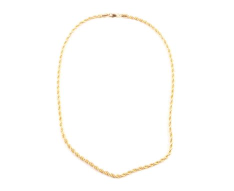 A yellow metal 4mm gauge rope link chain, marked 14K, lobster claw clasp, 48cm, 20.4g.