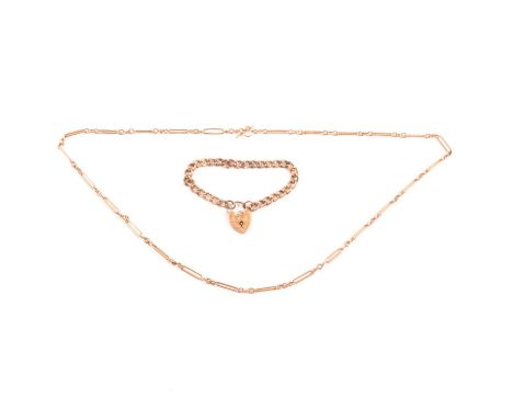 A roe metal 3.2mm gauge fancy link chain, T-bar fastener, unmarked, 50cm; and a rose metal 4.7mm gauge bracelet, fitted with 