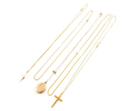 Four yellow metal chains, yellow metal crucifix, and 9 carat gold cross and locket, a yellow metal flat curb link chain, mark