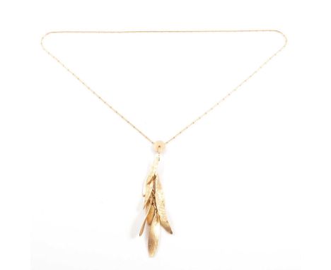 Ola Gorie - a pendant necklace, the fine snake and bead necklace having nine elongated finely textured pendant leaves, one si
