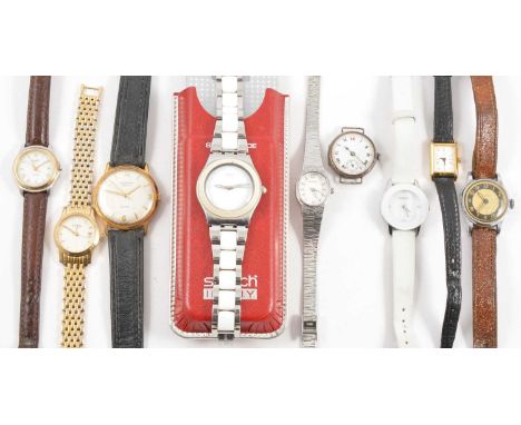 A lady's vintage silver wristwatch and other wristwatches, the vintage silver wristwatch with 22mm circular white dial with R