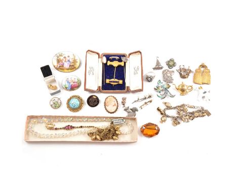 A collection of costume and silver jewellery, a 26mm tortoiseshell pique "RRC" brooch with silver frame London 1916; mrcasite